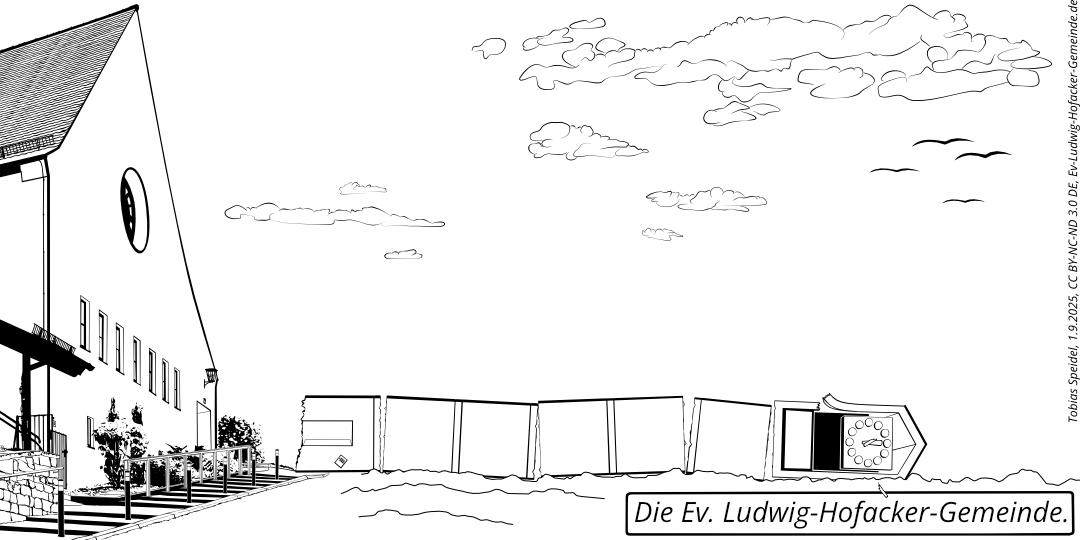 Die Westseite der Ev. Ludwig-Hofacker-Kirche mit ihrem umgestürzten Kirchturm symbolisiert den schleichenden Untergang der Ev. Ludwig-Hofacker-Gemeinde.