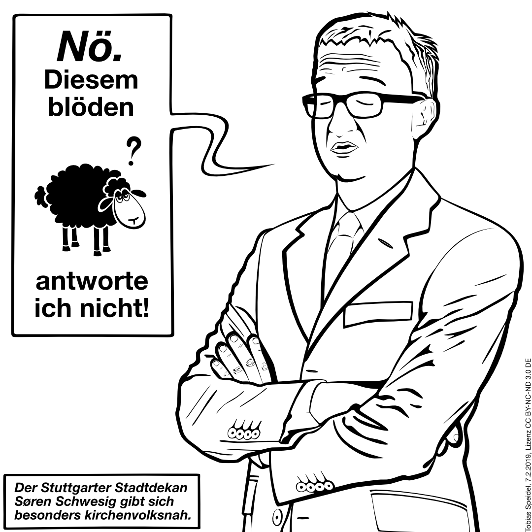 Der Stuttgarter Stadtdekan Søren Schwesig beantwortet die Fragen eines Kirchensteuerzahlers nicht. Der Kirchensteuerzahler ist symbolisch als ein schwarzes Schaf mit einem Fragezeichen über dem Kopf dargestellt.
